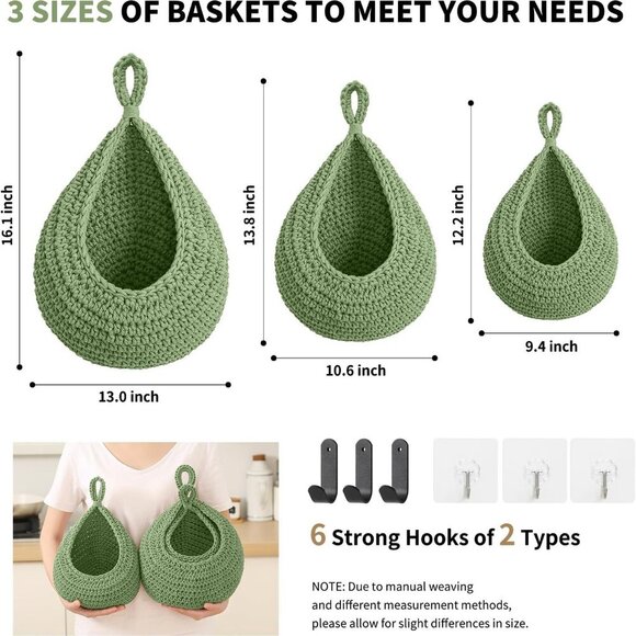 Boho Wall Hanging Fruit Baskets for Kitchen 3 Pack Woven Produce Holder with 6 P - Picture 2 of 7